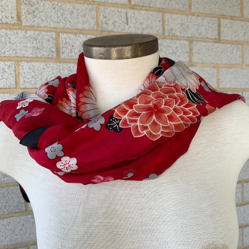 RED FLORAL OBLONG CHERRY BLOSSOMS SCARF 100% SILK ORIENTAL - Picture 4 of 5